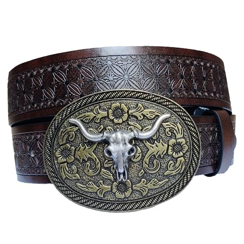 Western Cowboy-Belts for Women Men, Country-Cowigirl-Belt with Longhorn Buckle for Jeans Embossed Floral Leather2