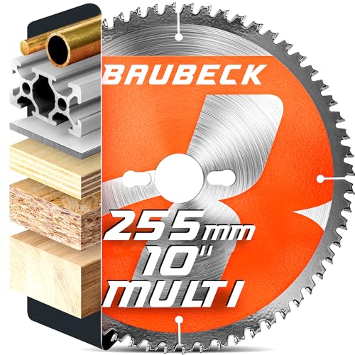 BAUBECK Circular saw blade 255mm x 30mm / 1inch - x100T for fine finish in Wood Metal with 25.4/20/16mm bore rings - Compatible with Evolution R255 Dewalt Festool 255mm circular saw blade 255x25.4