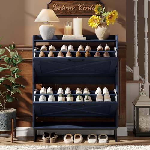Image of Maupvit Shoe Storage Cabinet with 2 Flip Drawers, Freestanding Shoe Organizer with Metal Legs for Entryway, Narrow Shoe Rack Cabinet, Blue