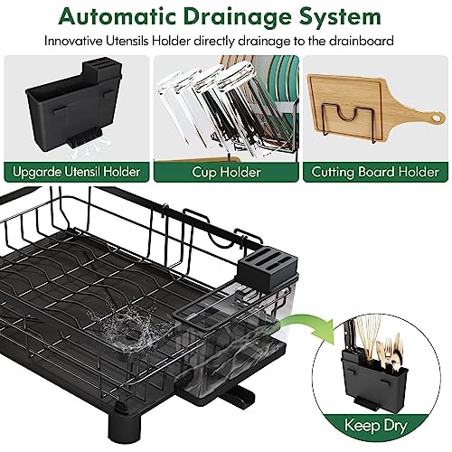 MAJALiS Dish Drainer Rack, 2 Tier Dish Drainer with Drip Tray and Drainer Mat, Stainless Steel Dish Rack with Utensil Holder, Swivel Spout, Draining Board for Kitchen Counter, Black - Image 5