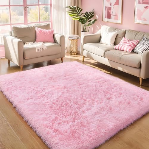 Pink Fluffy 4x6 Area Rugs for Bedoom Girls, Soft Washable Fuzzy Furry Shag Rug for Kids Room,...