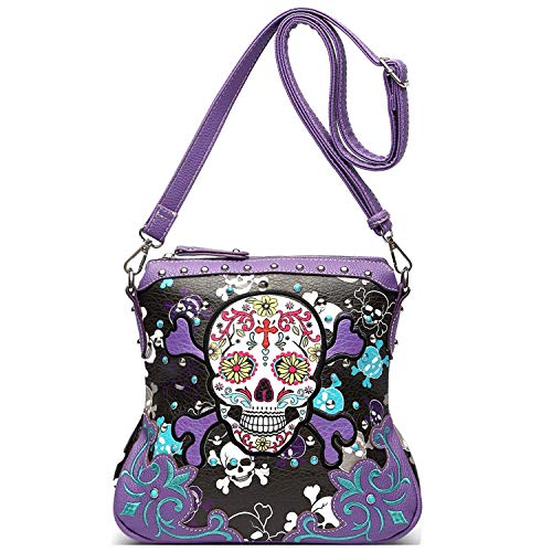Sugar Skull Day of the Dead Cross Bone Rock Metallic Purse Skeleton Leather Purse Women Crossbody Handbag Shoulder Bag (Purple)