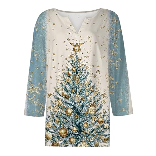 Image of Women Christmas Shirt 3 /4 Length Sleeve Henley Tops Xmas Outfits