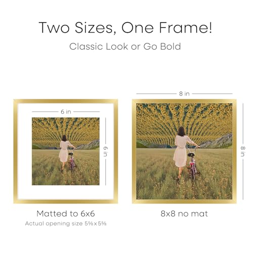 Image of Homeforia 8x8 Gold Picture Frame, High-End Metal, 6x6 Mat, Glass | High End Aluminum, Tempered Glass, Acid-Free 6x6 Removable Mat, 8x8 in Edge-to-Edge Display 8x8, Wall Kit, Set Of 4