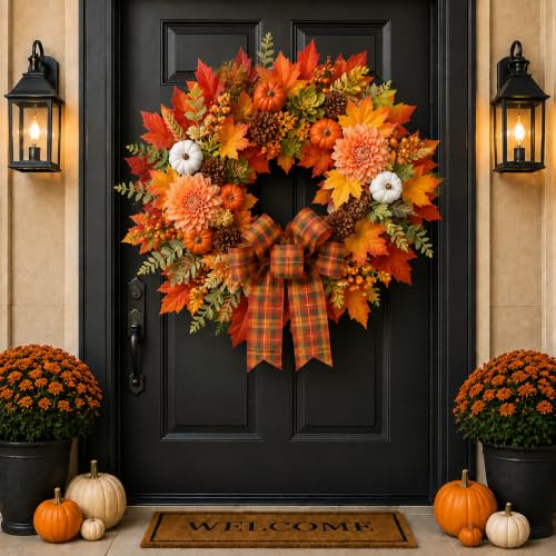 24 Inch Fall Wreath for Front Door, Autumn Harvest Farmhouse Decor