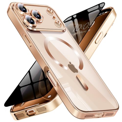 Image of Magnetic for 18 Pro Max Case with Privacy Screen Protector & Full Camera Cover,[Non-Yellowing] Shockproof Clear Phone Case Compatible with MagSafe Women Girls for 18 ProMax,Gold