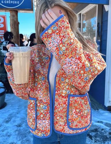 Women's Cropped Quilted Jacket Floral Print Puffer Jackets Lightweight Long Sleeve Warm Puffy Cardigan Coat 2024 Trendy2