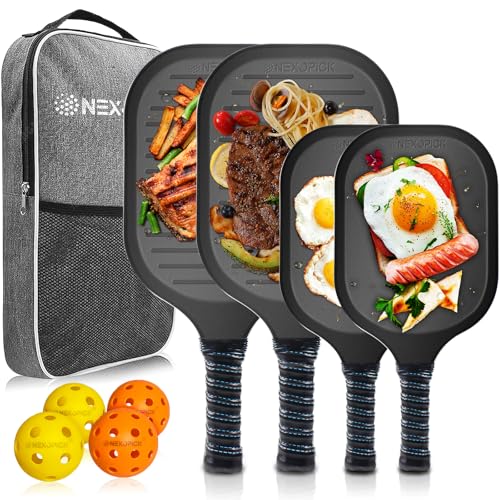 Nexopick Kids Pickleball Paddles, Family Pickleball Set 4 Pack, 2 Child-Size & 2 Adult-Size, Lightweight Pickleball Paddle for Kids, Fiberglass & Honeycomb Core, 4 Indoor & Outdoor Pickleball with Bag