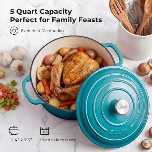 Image of Zulay Kitchen 5 Quart Enameled Cast Iron Dutch Oven Pot with Lid - Premium Durability & Oven Safe up to 500F - Heavy Duty Cookware Perfect for Bread Baking, Stews, Braising & Roasting - Light Blue