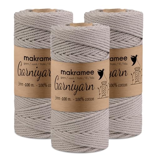 GARNIYARN Hilo de macramé de alta calidad de 3 mm, cordón suave de algodón 100% natural para macramé, proyectos de manualidades, colgantes de pared, colgadores de plantas, tejer, color gris pardo, 3 x