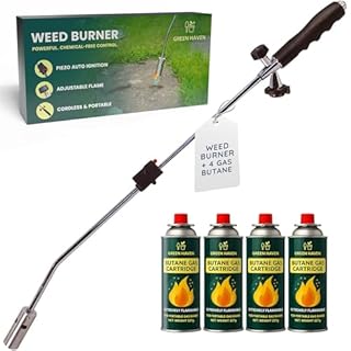 GREEN HAVEN Weed Burner Torch with 4 Butane Gas Canisters – Powerful Weed Wand with Auto-Ignition & Adjustable Flame – Lightweight Garden Weed Burner & Flame Weeder for Patios, Paths & Driveways