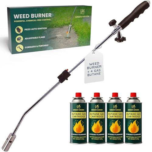 GREEN HAVEN Weed Burner Torch with 4 Butane Gas Canisters Powerful Weed Wand with Auto-Ignition & Adjustable Flame Lightweight Garden Weed Burner & Flame Weeder for Patios Paths & Driveways