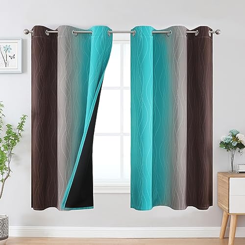 Estelar Textiler Brown and Teal Blackout Curtains & Drapes for Bedroom, Thermal Insulated Ombre Blackout Drapes, Room Darkening Energy Saving Curtains for Living Room, 42Wx63L, 2 Panels