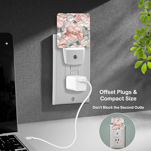 Image of LED Night Light Lamp with Smart Sensor Dusk to Dawn Sensor,Abstract Gray Red Hexagon Texture Night Light Daylight White,0.5W Plug-into Wall for Adults,Bedroom,Bathroom,Hallway,Kitchen