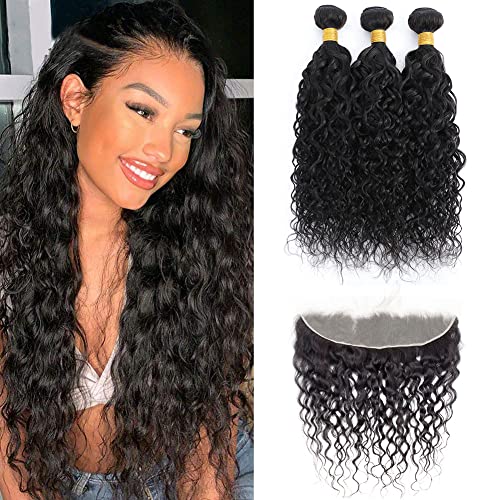Brazilian Virgin Water Wave 3 Bundles with Frontal 13x4 Ear to Ear Lace Frontal 100% Unprocessed Brazilian Remy Virgin Wet and Wavy Human Hair Bundles with Frontal For Black Women (22 24 26+20)