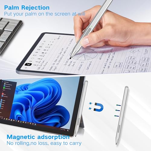 Image of Milikilo Stylus Pen for Microsoft Surface Pro11 /10 /9 /8 /X /7+ /6 /5 /4 /3, Surface Go 4 /3 /2 /1, Surface Laptop1-6 /Studio /Book 3 /2 /1 with Eraser Side Button,Palm Rejection,Tilt Function,1024 Pressure, Silver