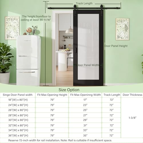 Image of 24 inch x 80 inch 1-Lite Tempered Frosted Glass Barn Door with 72 inch Hardware Kit