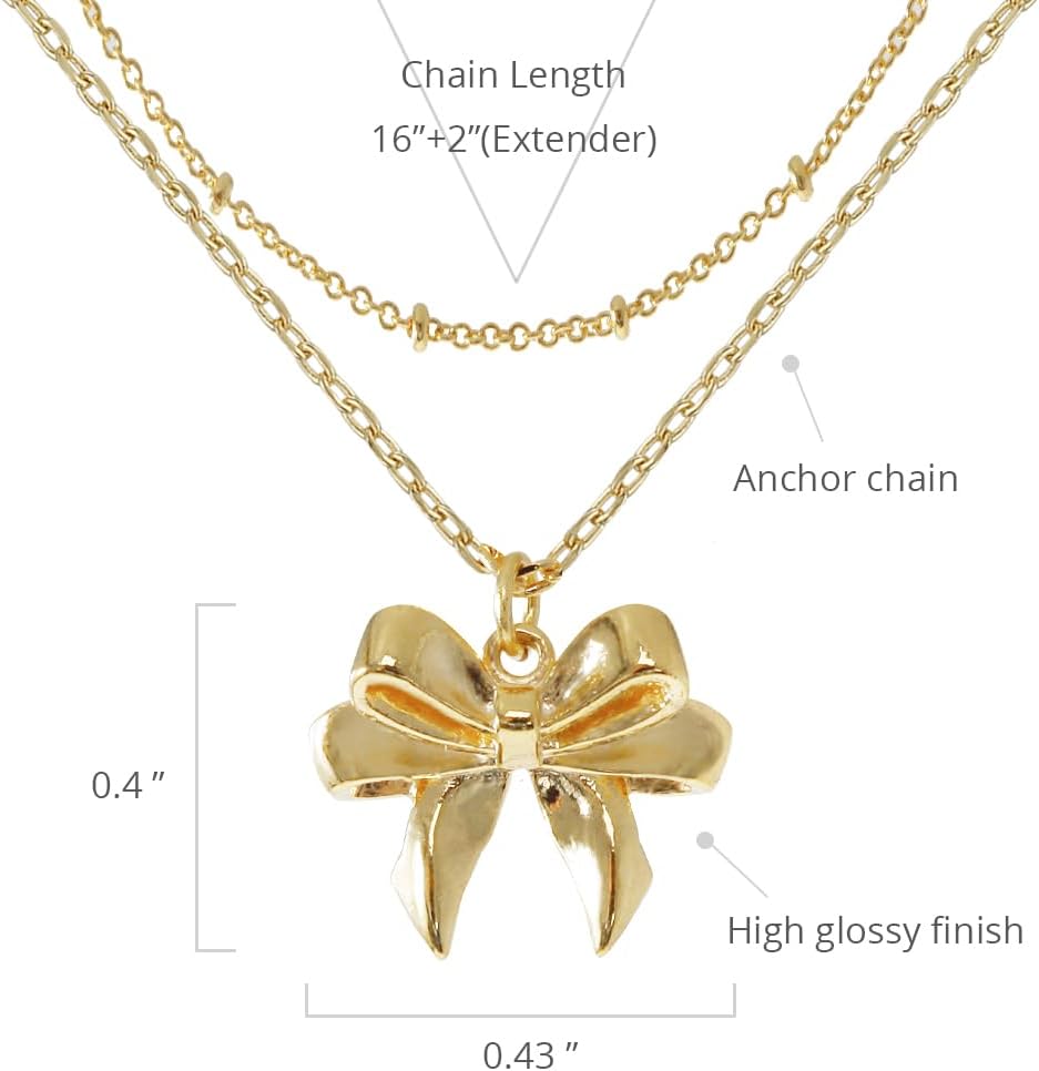 MUSTHAVE Double Chain Bow Necklace, Layered Look, 18K Gold Plated Dainty & Feminine Jewelry for Women, Romantic Necklace, Gift for her, Message Card, Anniversary, 16+2 inch (Yellow Gold) - Image 2