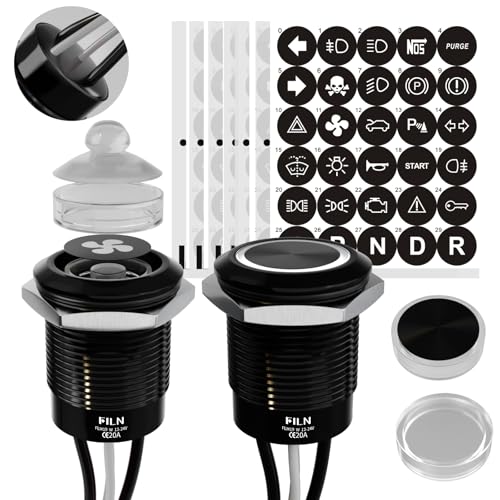 Image of 2-Pack 19mm Latching Push Button Switch IP67 20A 12V-24V White | Zink Aluminium 180 replaceable symbols for car truck motorcycle boat horn light fan pump control pre-wired easy install