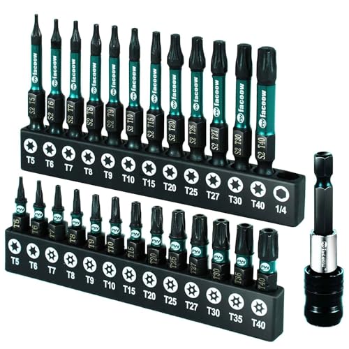 Facoow 26PCS Impact Torx Bit Set (T5-T40 & TT7-TT40), S2 Steel Security Torx Bit Set Magnetic, CNC Machined Tamper Proof Star Bits, 1"&2" Long Impact Torque Bits Set & Bit Holder & Storage Box by Facoow - Used condition - US$8.99