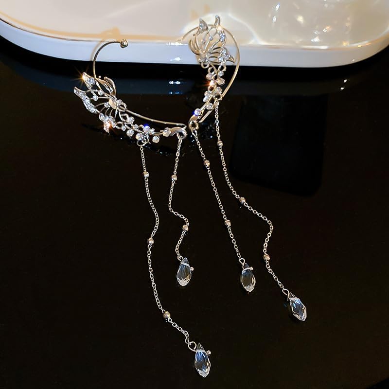 Sparkly Butterfly Crystal Rhinestone Dangle Drop Ear Cuff Long Chain Rhinestone Crystal Chandelier Earring Ear Cuff Butterfly Non-Piercing Fake Earrings for Women - Image 4