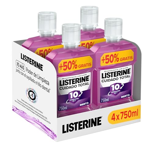 Listerine Cuidado Total (4x750 ml), enjuague bucal formato ahorro, colutorio encías con 10 beneficios en 1, elixir bucal con 12 h de protección, para unos dientes blancos
