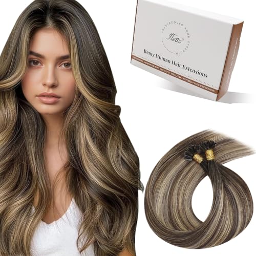 Hetto K Tip Hair Extensions Human Hair Medium Brown Highlights