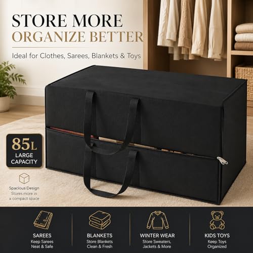 Image of DALUCI Nylon Wardrobe Storage Bags for Clothes 85 L | Moisture Proof Clothes Organizer with Zipper & Strong Handles | Foldable Blanket Saree Toy Storage Box for Closet & Shelves (Black, Pack of 2)