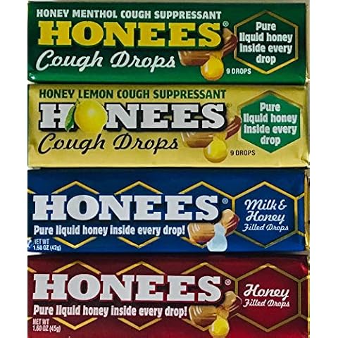 Honees Honey Filled Drops, Variety Pack (Honey, Milk & Honey, Honey Lemon, and Menthol)-Natural Sore Throat Relief - Throat Lozenges, Nothing Artificial - Non-Gmo, Gluten Free (4 Pack-36 Drops) Cover