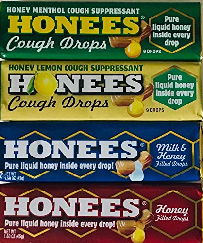 Honees Honey Drops Variety Bundle 1 of each Flavor - Milk & Honey, Honey Filled, Honey Lemon and Honey Menthol (Pack of 4)