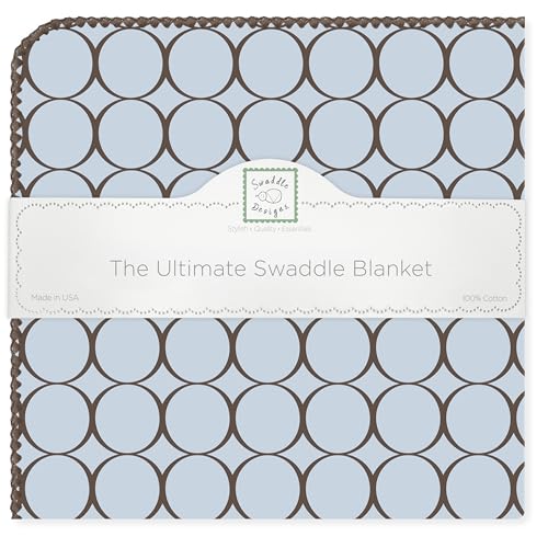 Image of SwaddleDesigns Receiving Blanket, Ultimate Swaddle for Baby, Softest US Cotton Flannel, Multiuse, Best Shower Gift, Made in USA, Brown Mod Circles on Pastel Blue, Brown Trim, 42 x 42 inches