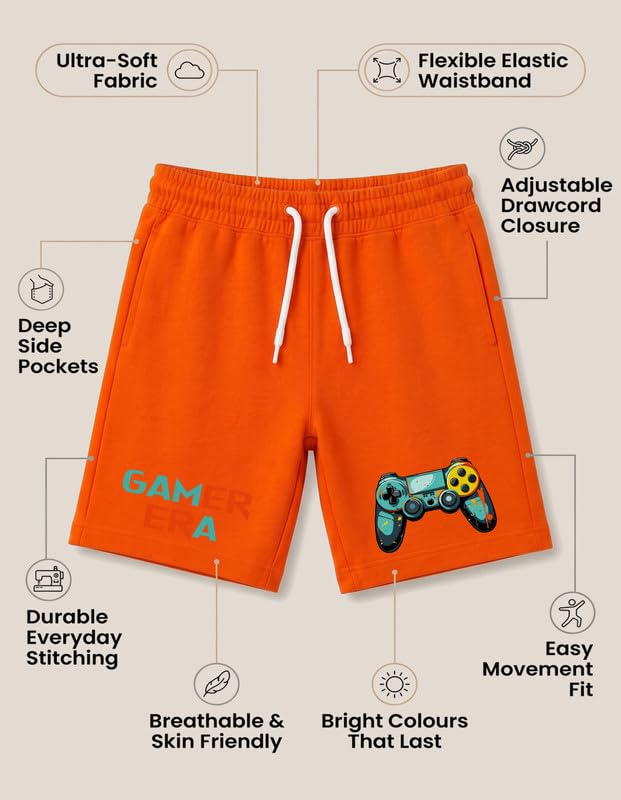 Image of Nusyl Solid & Printed Cotton Blend Shorts for Boys | Comfortable Casual Shorts | Soft Breathable Fabric with Elastic Waistband | Relaxed Fit | 2-16 Years | Multiple Colors