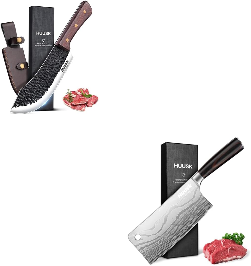 Huusk Meat Cleaver Knife 7 Inch Bundle With 7" Butcher Knife for Meat Cutting with Gift Box