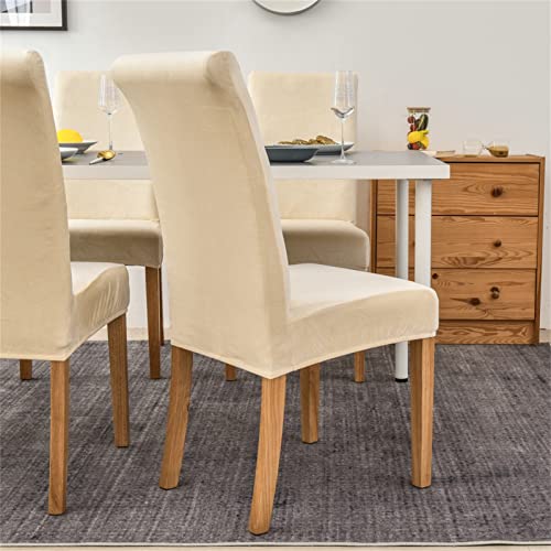 Jusmate Velvet Chair Covers For Dining Room, Soft Velvet Plush Stretch Dining Chair Slipcovers, Washable Removable Parsons Chair Protectors Set Of 4, Beige #TOP2