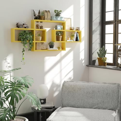 Image of Wooden Wall Shelves for Living Room, Bedroom Wall Mounted Rectangle Bookcase, Intersecting Wall Shelves for Storage Modern Decorative Display Shelves for Wall Decor (Yellow)