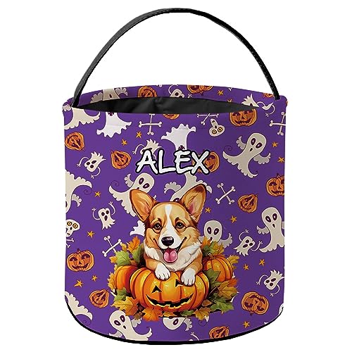 KafePross Personalized Halloween Trick or Treat Bag Pembroke Welsh Corgi Dog Smiling Puppy Pumkin Ghost Decor Basket Candy Gifts Bucket for Kids 9 x 9.8 Inch Purple