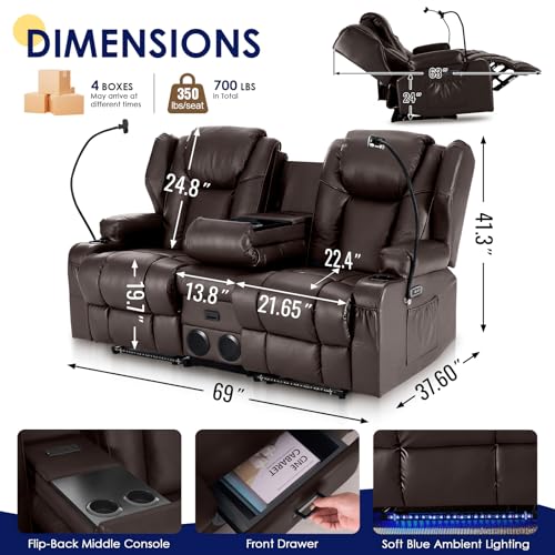Image of Redlife Power Loveseat Recliner Sofa with Console, PU Leather Dual Reclining Couch with Blue LED Lights, Bluetooth Speakers, USB Ports, Phone Holders, Home Theater & RV Recliner (Brown)