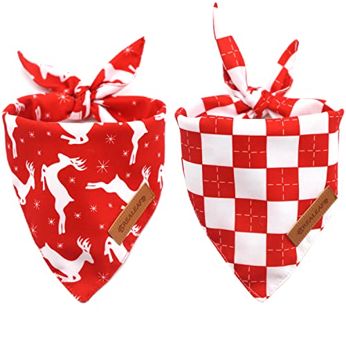 Realeaf Christmas Dog Bandanas 2 Pack, Elk and Red Plaid Bandana, Reversible Triangle Scarves for Dogs Cats Pets, Premium Durable Fabric, Adjustable Fit, Multiple Sizes Offered (Large)