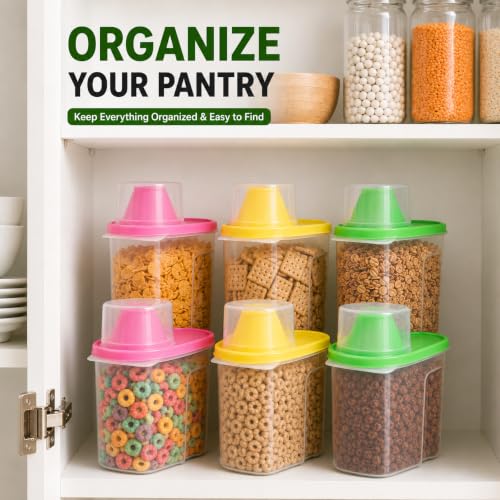 Image of Basicwise Set of 3 Large 2.5-Liter and 3 Small 1.9-Liter Airtight Food Storage Containers Easy-Pour Spouts & Measuring Cup Lids for Flour Sugar Cereal Snacks & Pantry Staples in Green Pink & Yellow
