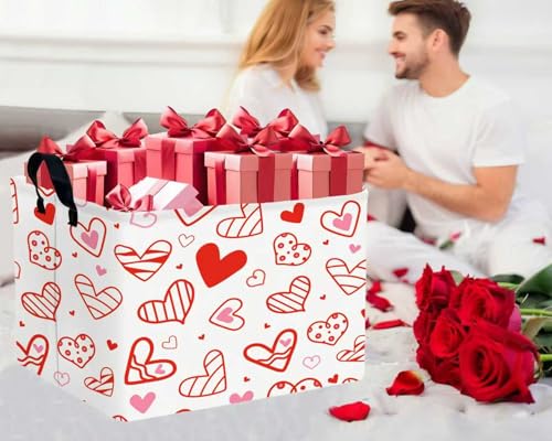 Image of Valentines Day Basket Large Foldable Heart Shaped Storage Box for Gifts Kids Empty Storage Bins Rectangular Toy Organizer Decor (Hollow Lines Love)
