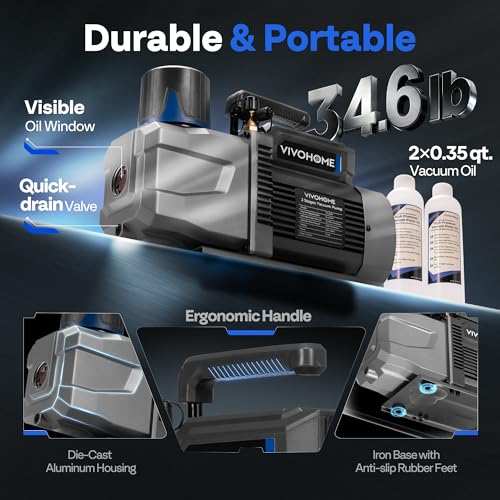 Image of VIVOHOME 1.5 HP 14.4 CFM 2 Stage A2L HVAC Vacuum Pump, Sparkless Motor for R32 R1234yf R454B R134a R22 R410a Systems, Auto AC Vacuum Pump for Air Conditioner Resin Degassing with Oil Bottle