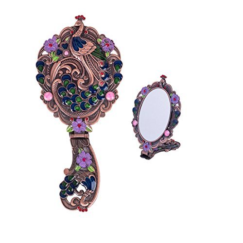 MOIOM Vintage Vanity Mirror Style Foldable Oval Peacock Pattern Makeup Hand/Table Mirror (Copper Red)