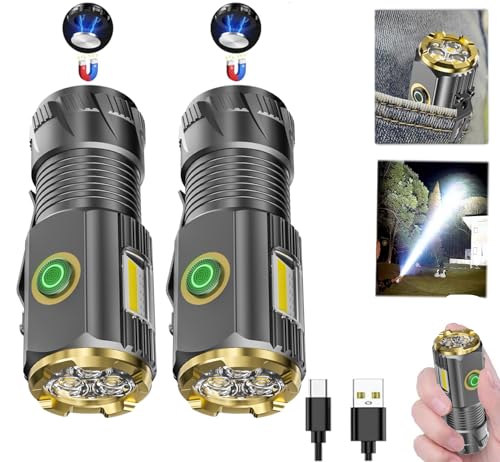Rechargeable Mini LED Flashlight, 9000 lumens Ultra Bright Small Flashlight, with Clip and Magnet, IPX6 Waterproof, 6 Modes, Suitable for Camping, Hiking, and Emergency situations (2-Piece Set)