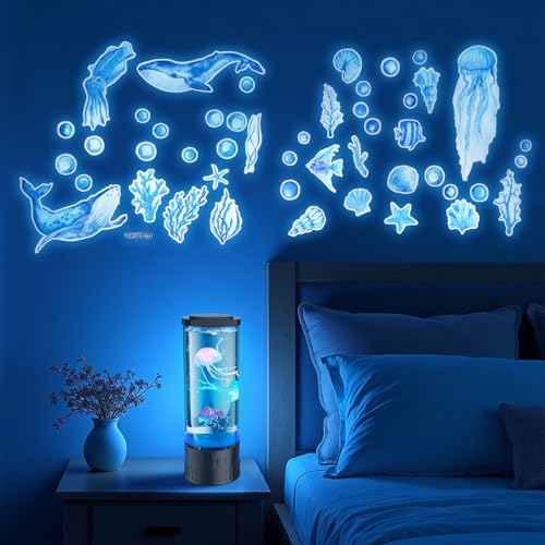 Fanfoobi LED Jellyfish Tank Table Lamp with Glow-in-The-Dark Ocean Stickers, 7 Color Changing Modes, Sensory Mood Light for Home Office Decor, Relax Gifts for Kids Adults