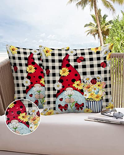 Waterproof Pillow Covers Outdoor/Indoor,Red Ladybug Gnome Summer Yellow Daisy Holiday Pillow Cases Soft Throw Pillows Pack Of 2,Black Buffalo Plaid Farm Blooms Flower Cushion Cover Living Room/Bed #TOP5