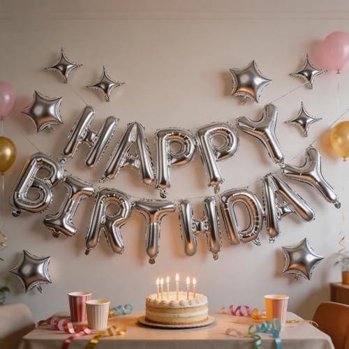 Image of Silver Happy Birthday Balloons Banner 16 Inch Mylar Foil Letters, 10 Inch Five & Four Star, Inflatable Party Decor and Birthday Decorations for Women, Men, Boys & Girls Kids and Adults, Party Supplies