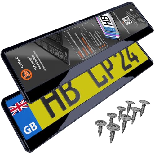 2x Number Plate Holder for Car - License Plate Holder - Black High Gloss - for UK Registration Plates - 520 x 110 mm - 8 Screws - Universal - Reg Plate Holders - fits for Car Caravan Trailer - 52x11cm