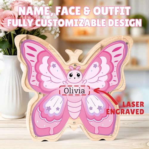 Image of Wooden Pink Butterfly Piggy Banks for Kids | Custom Wooden Pink Butterfly Coin Bank with Name, Money Jar, Educational Toy, Easter & Birthday Gift for Boys Girls