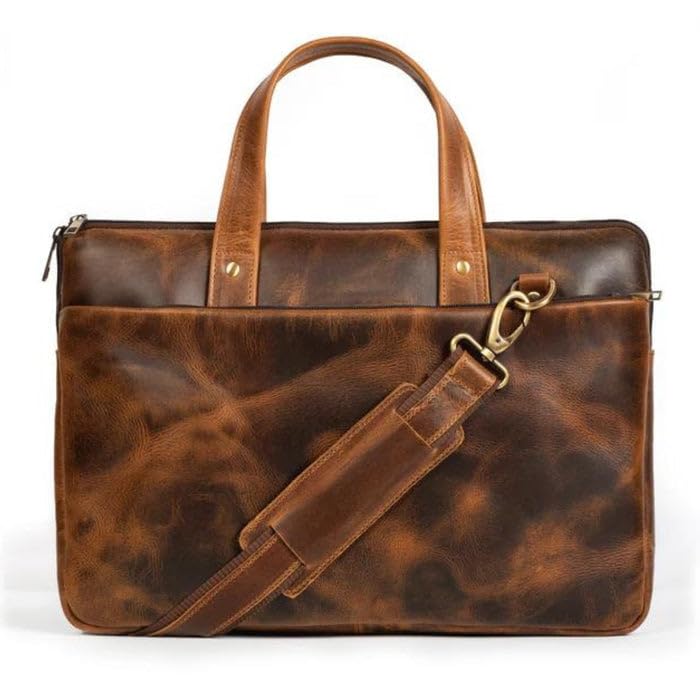 mahetri Harbor Leather Laptop Briefcase for Men & Women | Full Grain Buffalo Leather Office Bag – Slim Work Bag, Adjustable Strap, Padded Laptop Sleeve, YKK Zippers & Brass Hardware-picture-0