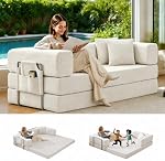 Canapé Sectionnel Corduroy avec accoudoirs amovibles, Design modulaire pour petits espaces, Couch convertible avec poche de rangement, Style moderne à mi-century (blanc, 204CM)